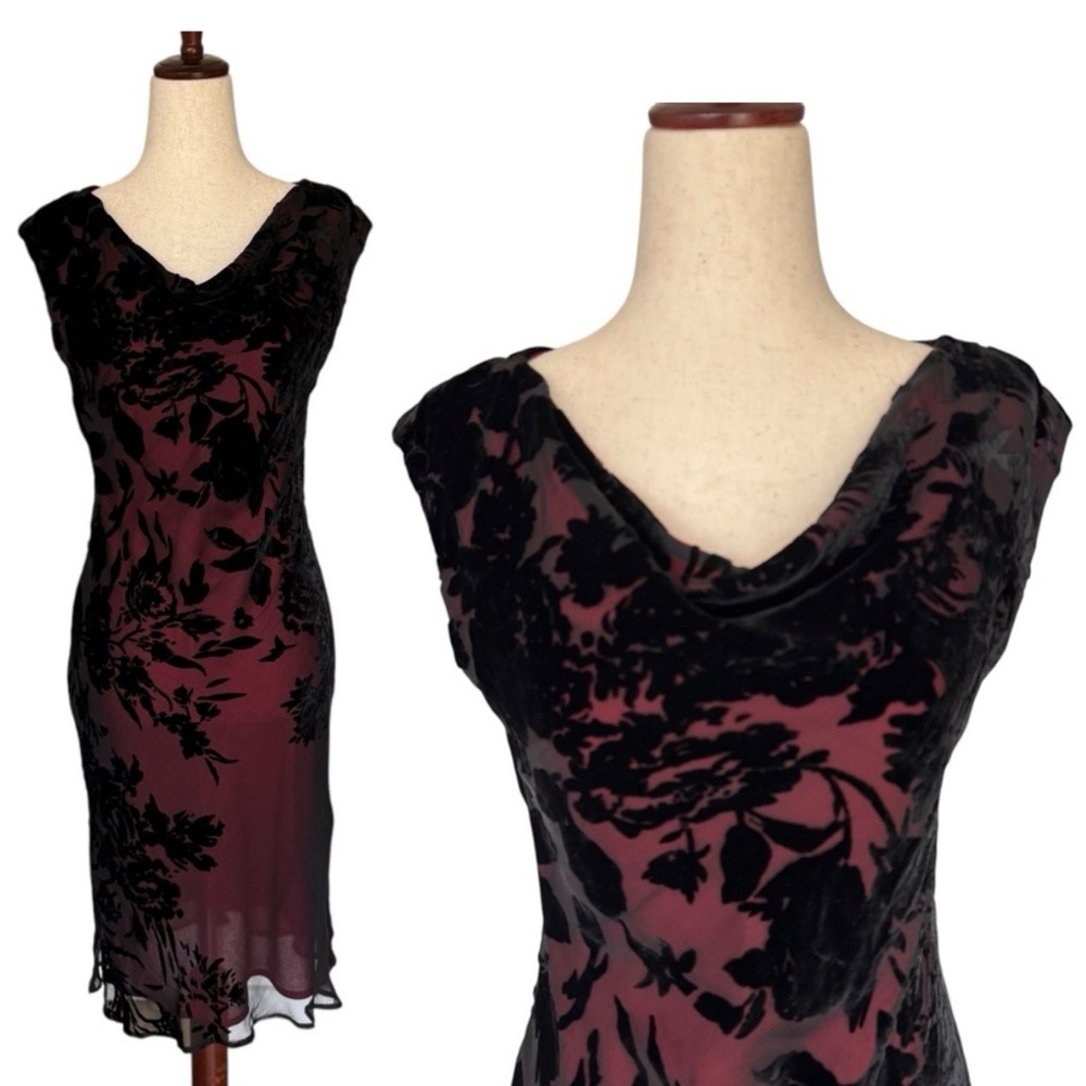 Vintage 90s ABS Black Red Cowl Neck Floral Velvet Burnout Dress Whimsigoth sz 4